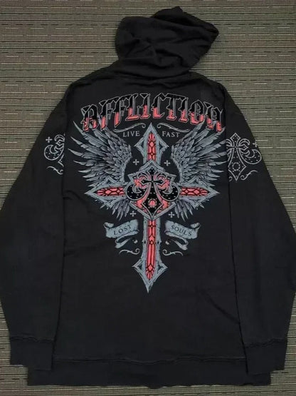 Streetwear Skull Eye Print Black Pullover Hoodie