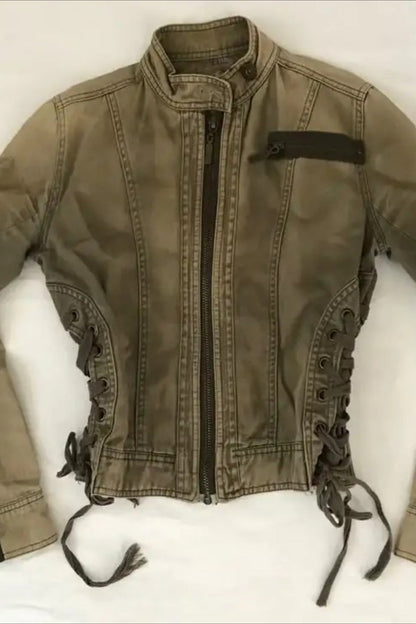 Y2K Retro Army Green Zipper Slim Jacket