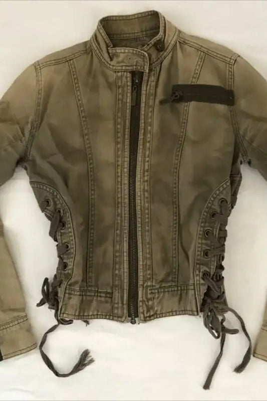 Y2K Retro Army Green Zipper Slim Jacket