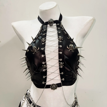 Metal chain zip-up skull applique hollow out mini skirt set  | Festival Outfits Women