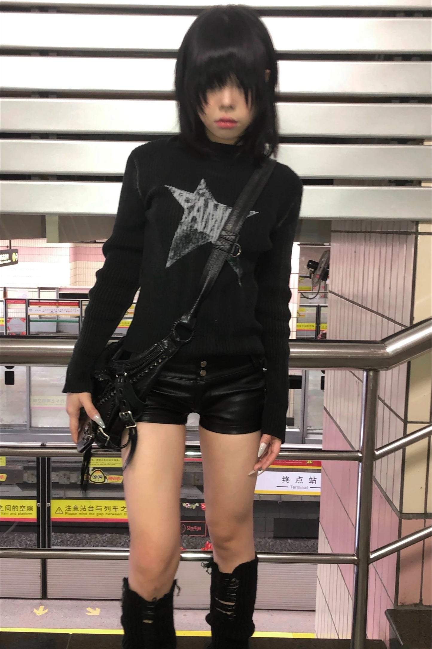 Grunge Black Long Sleeve Knit Top
