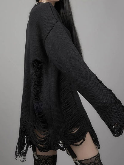 Cross Print Cutout Tattered Design Sweater
