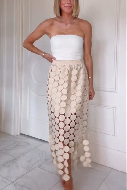 Casie See Through Circle Embroidery Elastic Waist Tassle Hem Maxi Skirt