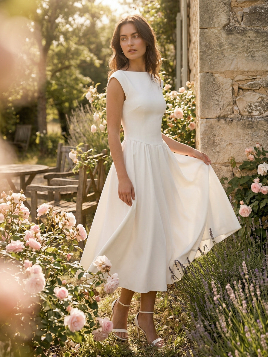 Boat Neck White Swing Dress For Women - Minimalist Elegant Open Back Midi Dress - Summer Date Night Outfits 2026