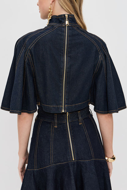 Next Vacation Denim Mock Neck Short Flutter Sleeves Crop Top