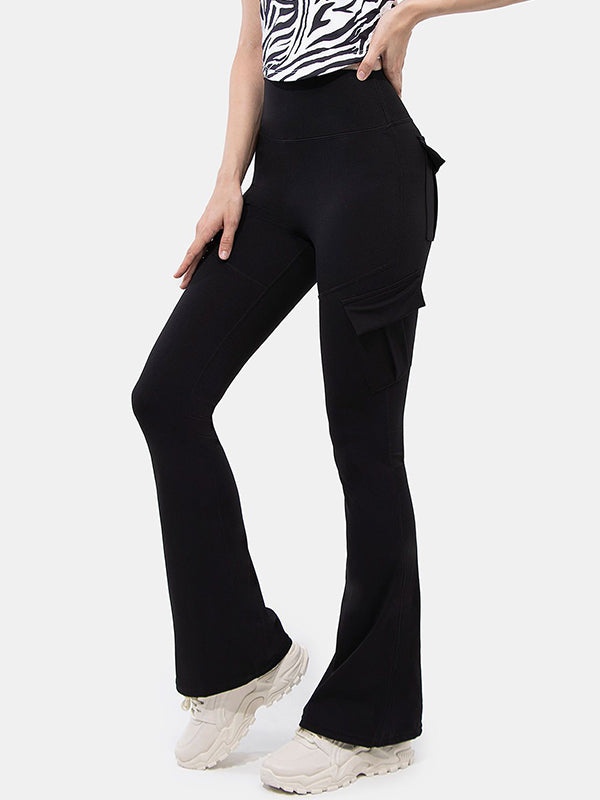 Solid Multi Pocket High Rise Flare Leg Pants