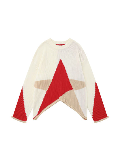Contrast Star Jacquard Irregular Hem Sweater