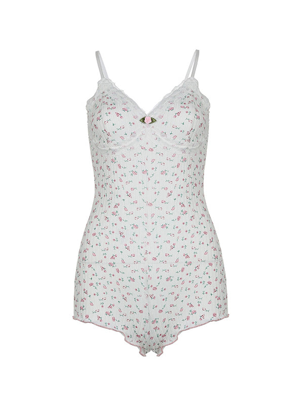 Ditsy Floral Print Lace Trim V Neck Sleeveless Jumpsuit
