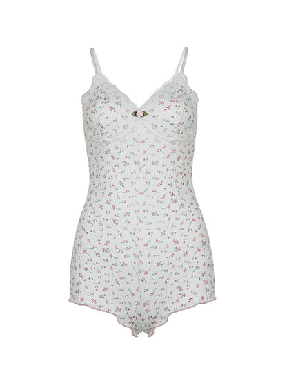 Ditsy Floral Print Lace Trim V Neck Sleeveless Jumpsuit