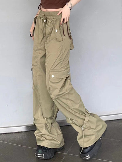 Vintage Big Pocket Drawstring Buckle Design Cargo Pants