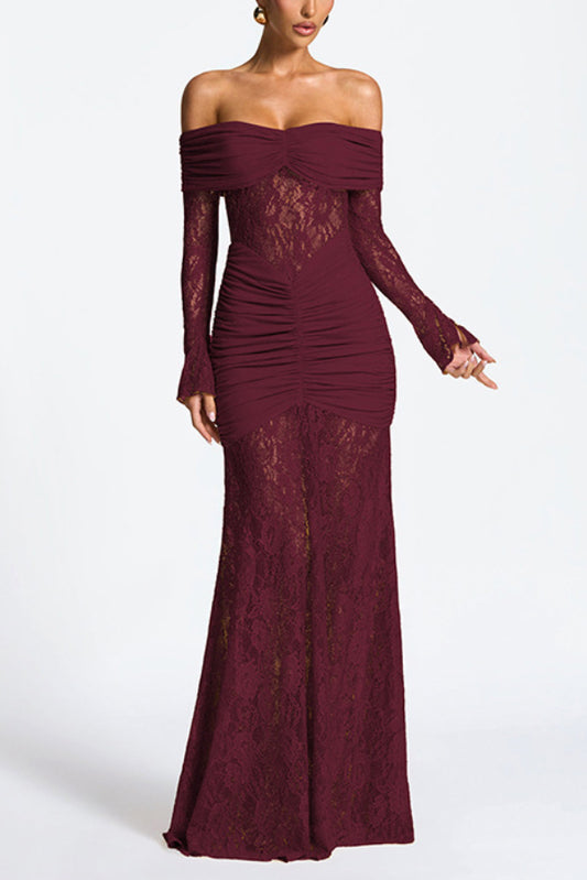 Solid Color Patchwork Lace Off-shoulder Long-sleeved Pleated Slim-fit Maxi Dress