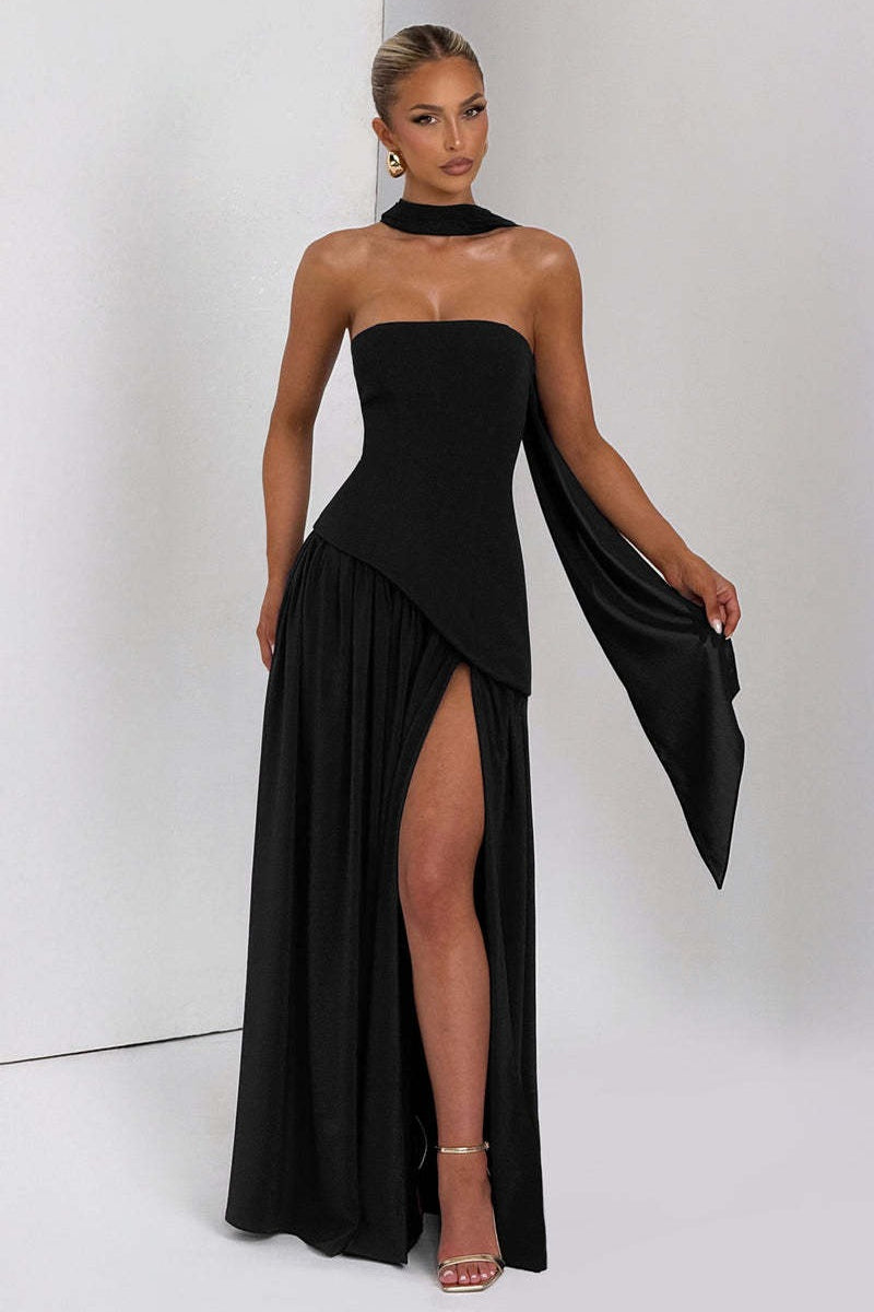 Solid Bustier High Slit Formal Dress