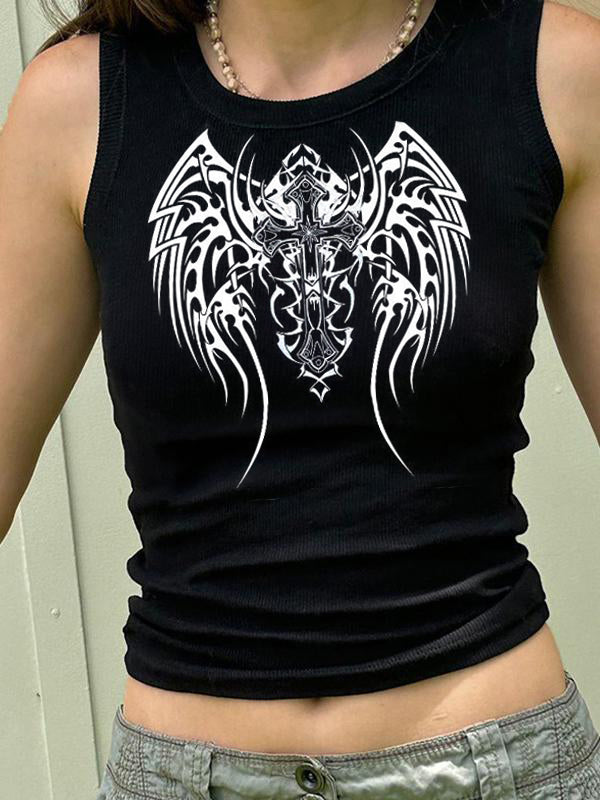 Dark Style Cross Wings Print Ribbed Cropped Tank Top
