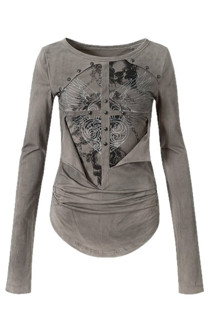 Gothic Fur Rivet Print Vintage Long Sleeve T-shirt