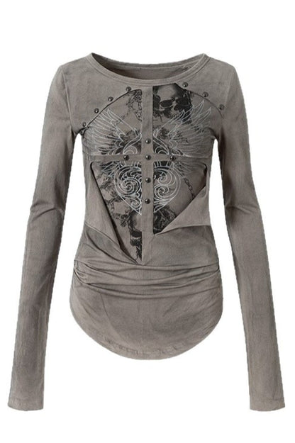 Gothic Fur Rivet Print Vintage Long Sleeve T-shirt