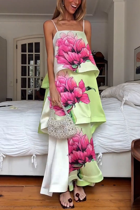Elisia Satin Color Block Flower Print Tiered Slip Square Neck A-line Maxi Dress