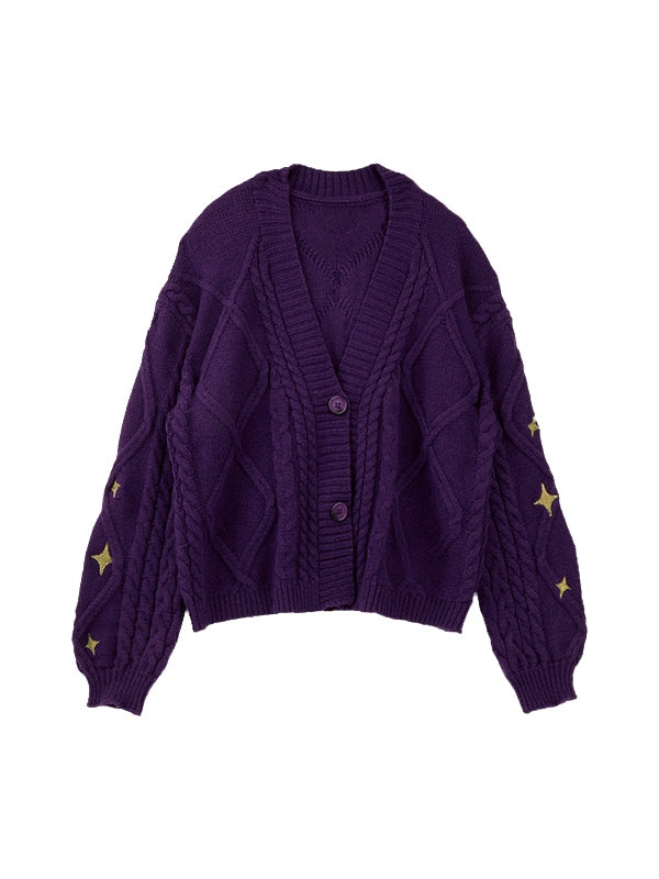Star Embroidered Print Cable Knit V Neck Cardigan