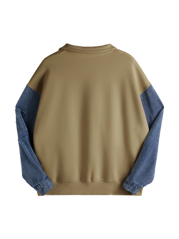 Denim Splice Letter Print Lapel Neck Oversized Hoodie