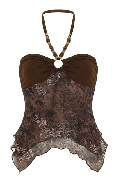 Retro Beaded Halter Asymmetrical Mesh Tank Top