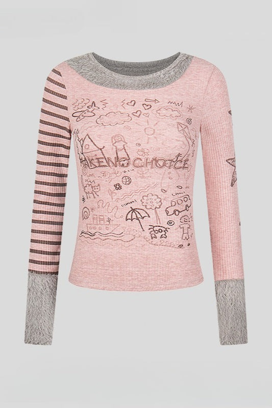 Print Fleece Patchwork Slim Crop Long Sleeve T-shirt