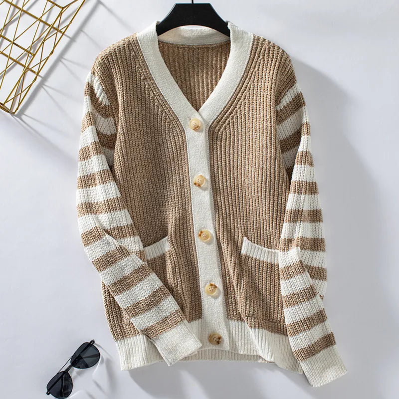 Cárdigan holgado de punto a rayas con botones para mujer | Ideal para otoño/invierno