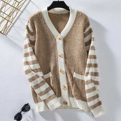 Cárdigan holgado de punto a rayas con botones para mujer | Ideal para otoño/invierno
