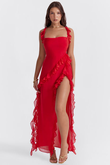 cherry ruffle maxi dress-red