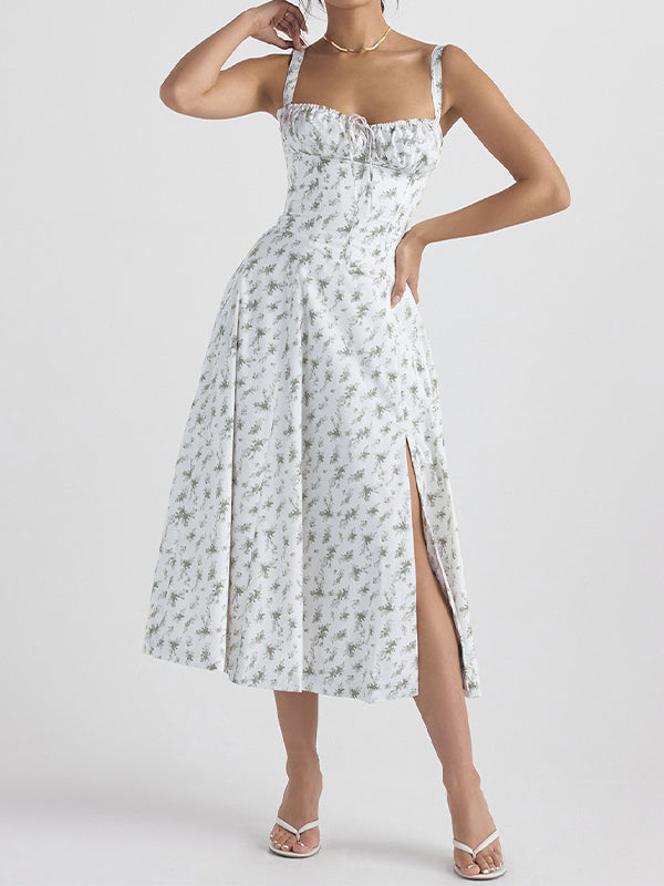 Leaf Print Tie Front Thigh Splice Midi Dress
