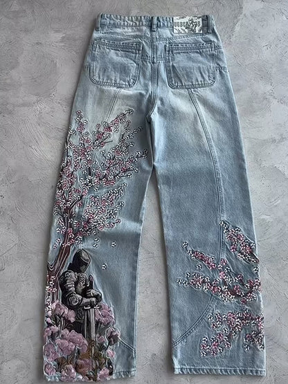 Retro Plum Blossom Embroidery Boyfriend Jeans