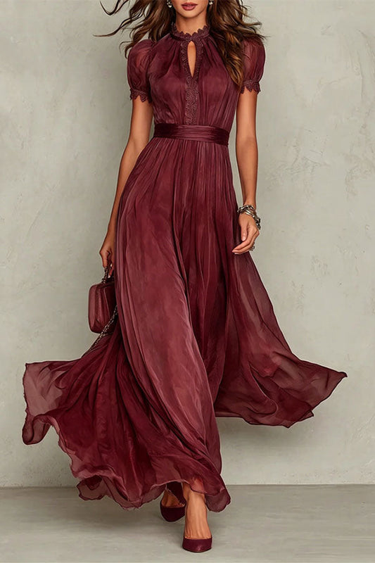 Elegant Lace Trim Keyhole Puff Sleeve Flowing Chiffon Maxi Dress