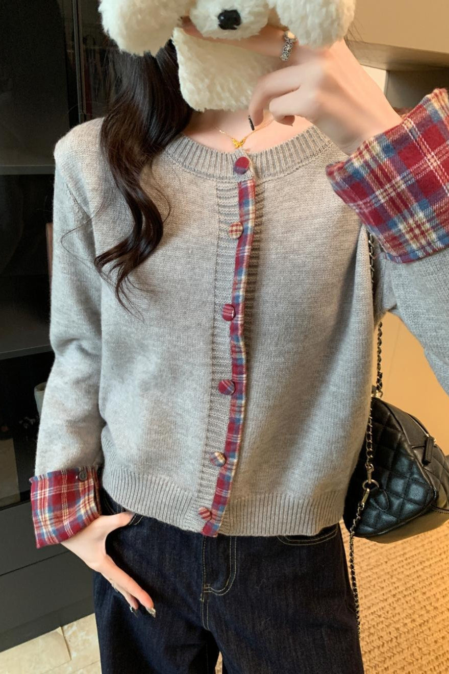 Red Plaid Contrast Round Neck Cardigan