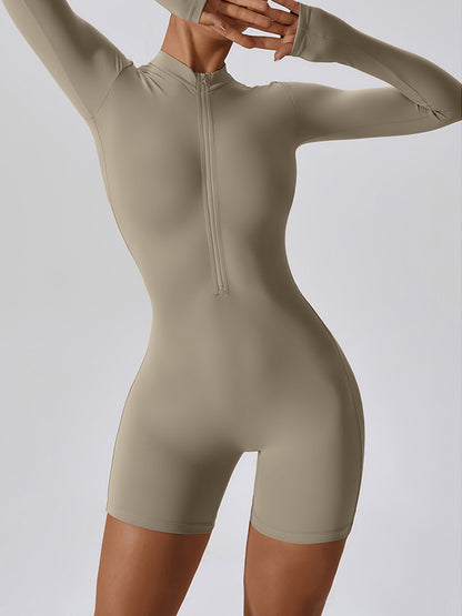 Sporty Solid Zip Up Long Sleeve Romper