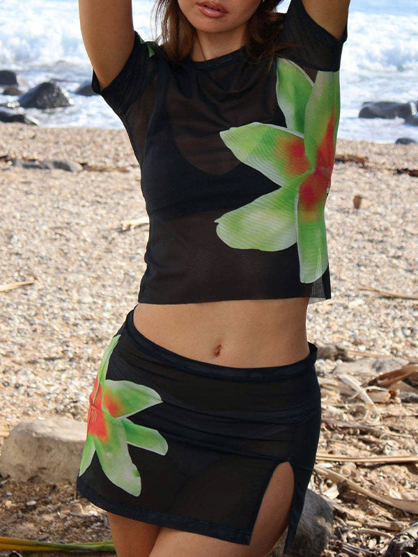 Mesh Flower Print Short Sleeve Tee & Slit Mini Skirt Set
