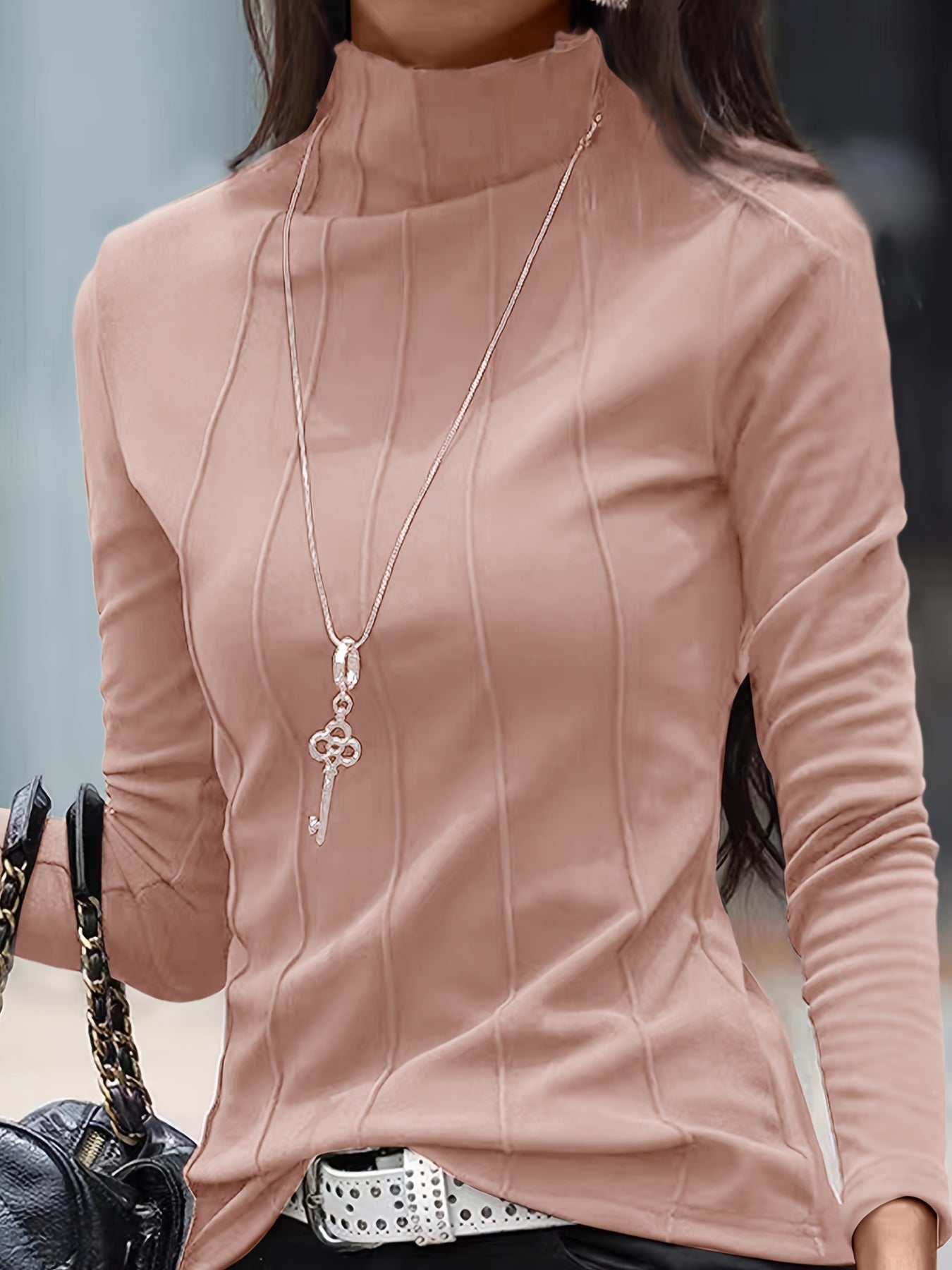 Camiseta ajustada de cuello alto en color liso para mujer | Ideal para otoño/invierno