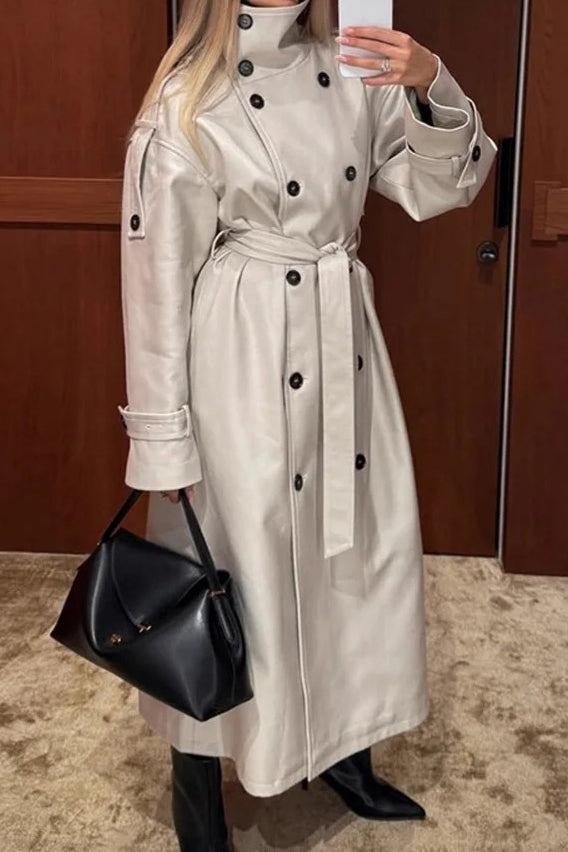 Beige Double-breasted Lapel Belted Trench Coat