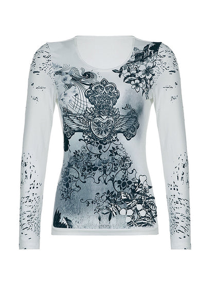 Vintage Cross Flower Print Slim Long Sleeve Tee