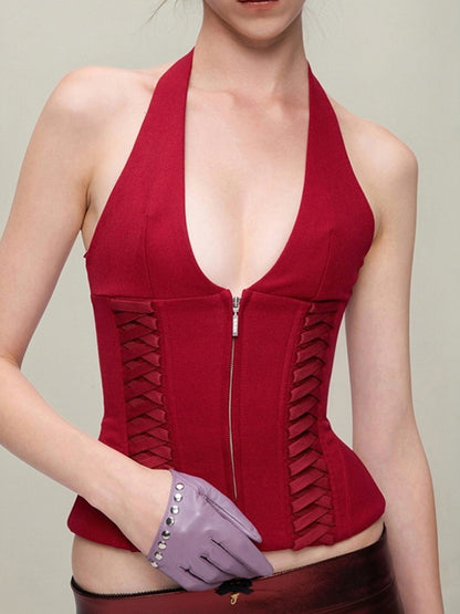 French Neck Tie Halter Vest