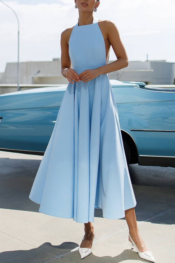 Solid Color Halter Neck Bow Tie Elegant Waist-cinching Midi Dress