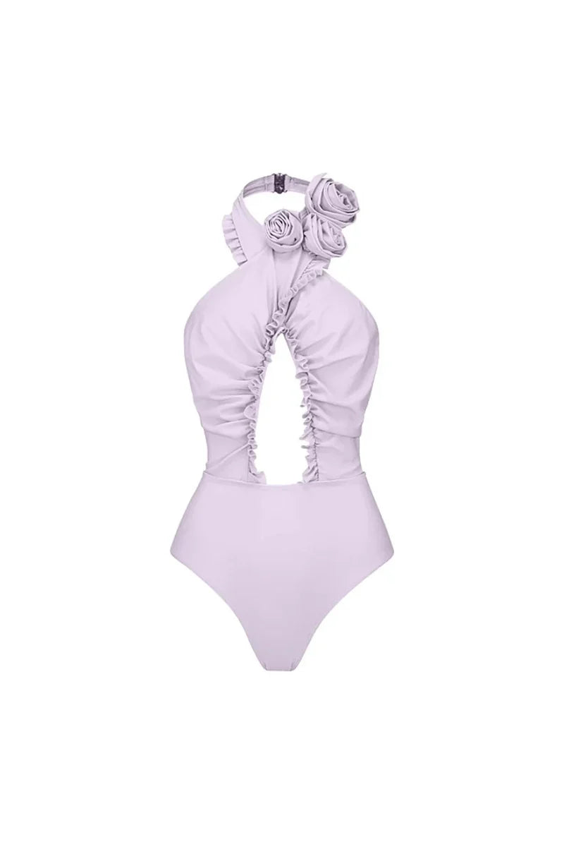 3D Floral Halter Backless Swimsuit Set