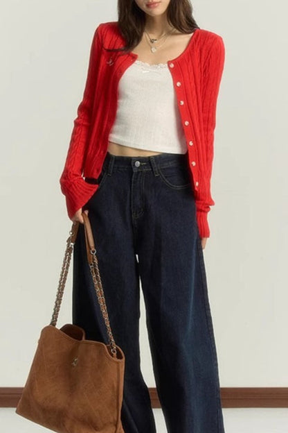 Maroon Cable Cropped Knit Cardigan