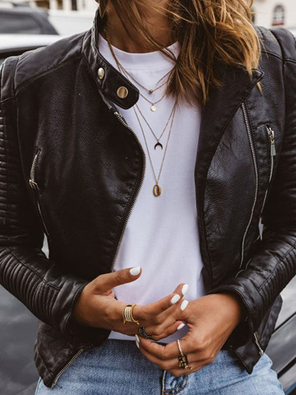 Vintage Pleated Zipper Leather Jacket