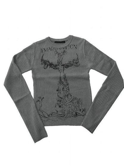 Rib Raglan Retro Swan Print Crew Neck Long Sleeve T-shirt
