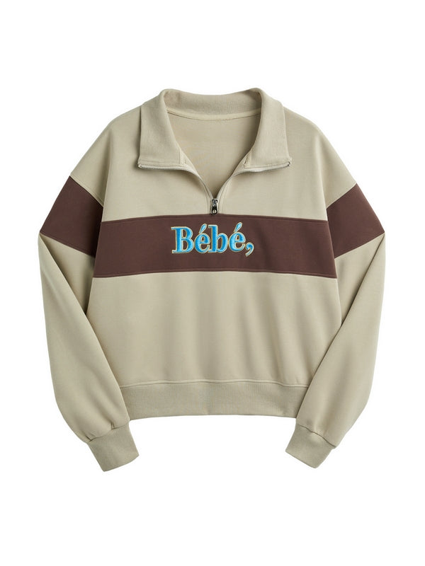 Color Block Splice Letter Embroidery Print Sweatshirt