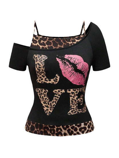 One-Shoulder Digital Print Short Sleeve Tee