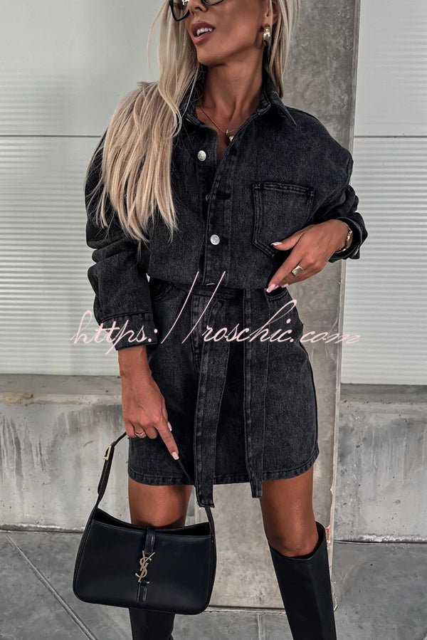 Adele Denim Button Up Belt Pocketed Long Sleeve Mini Dress