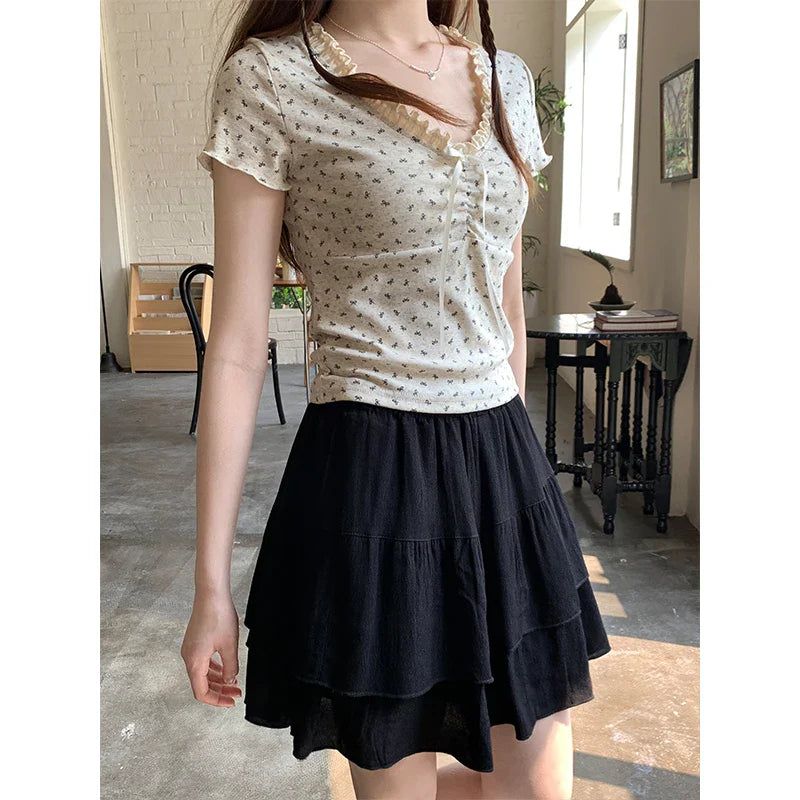 DressBetty - SMLSummer Floral Pleated Mini Skirt