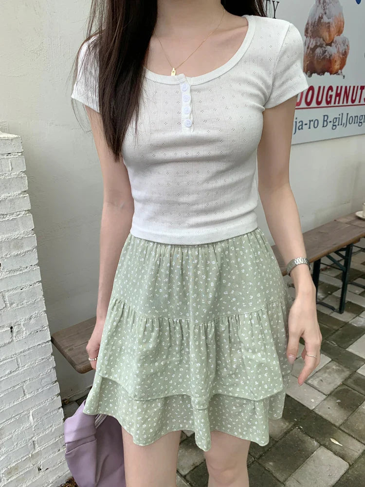DressBetty - SMLSummer Floral Pleated Mini Skirt
