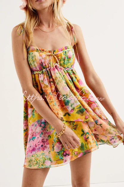 Floral Print Sling Lace Up Ruffled Mini Dress