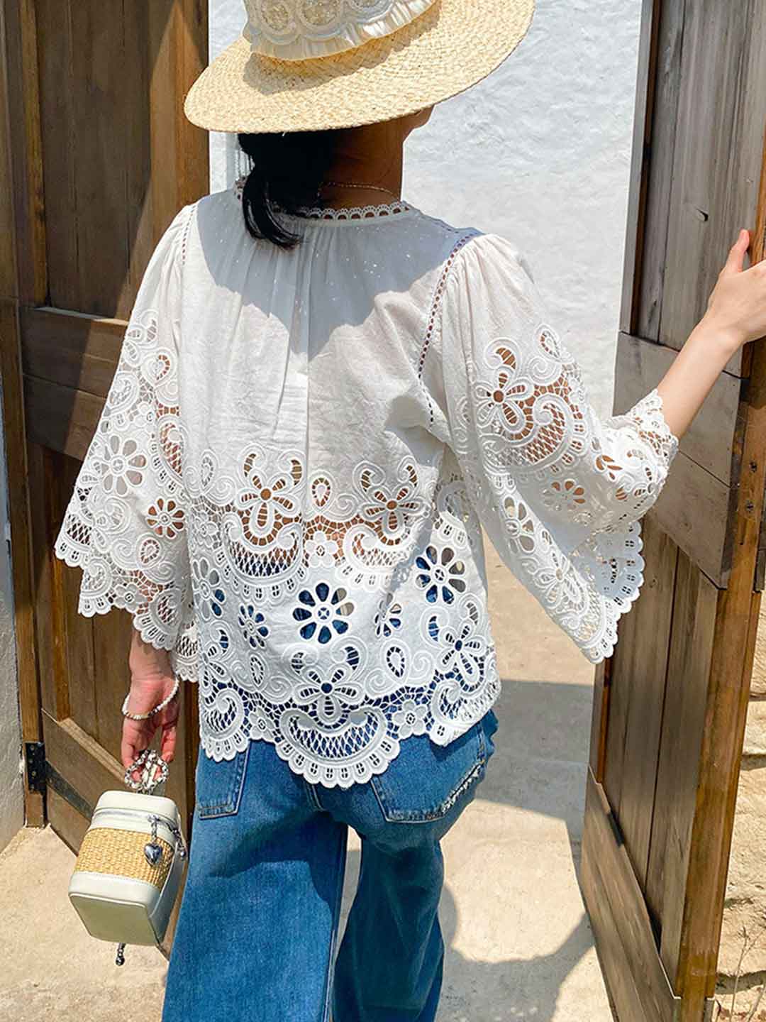 Morgan Vacation V-Neck Flare Sleeve Embroidered Lace Top