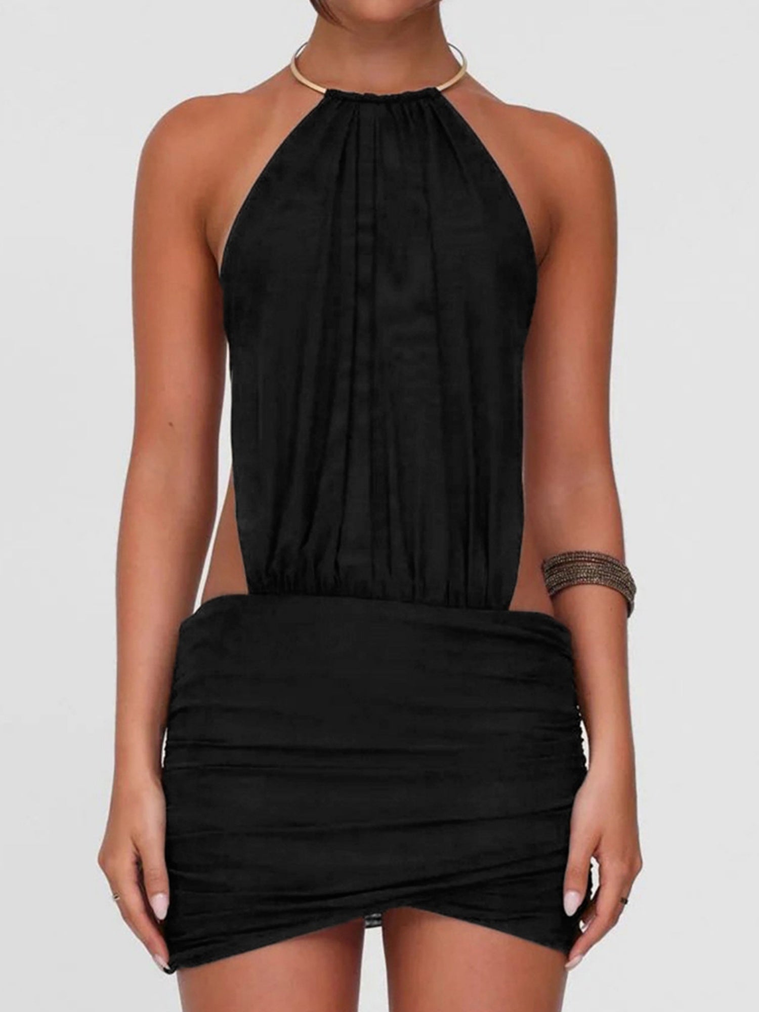 Metal Ring Halter-neck Sleeveless Backless Splicing Hip Wrap Mini&Short Dresses